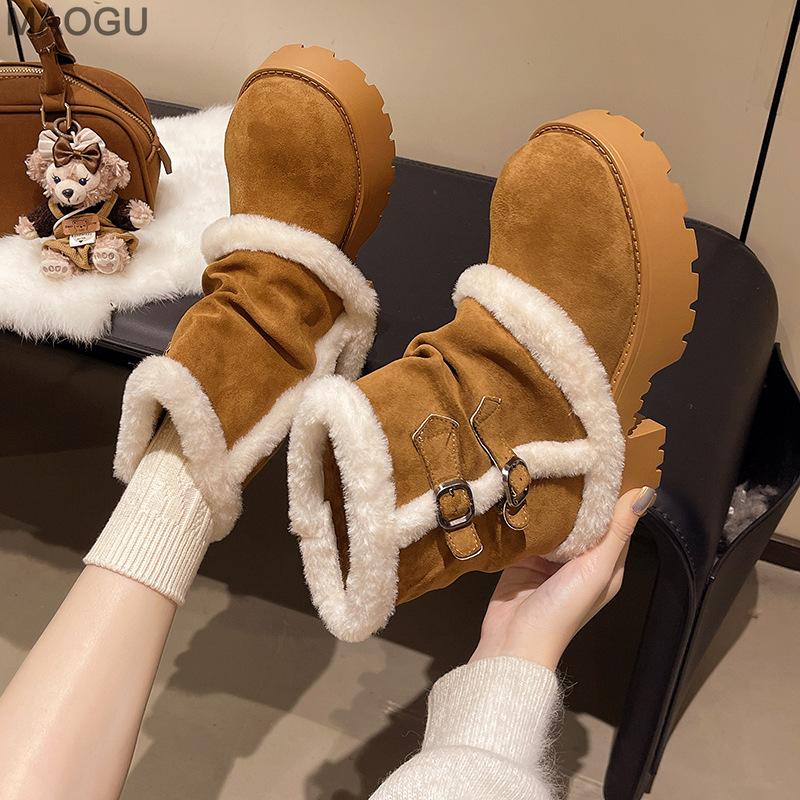 Vintage Platform Brown Snow Boots Women's Winter Plush Warm Furry Cotton Shoes Soft Leather Mid-Calf Boots for Women Botas Mujer