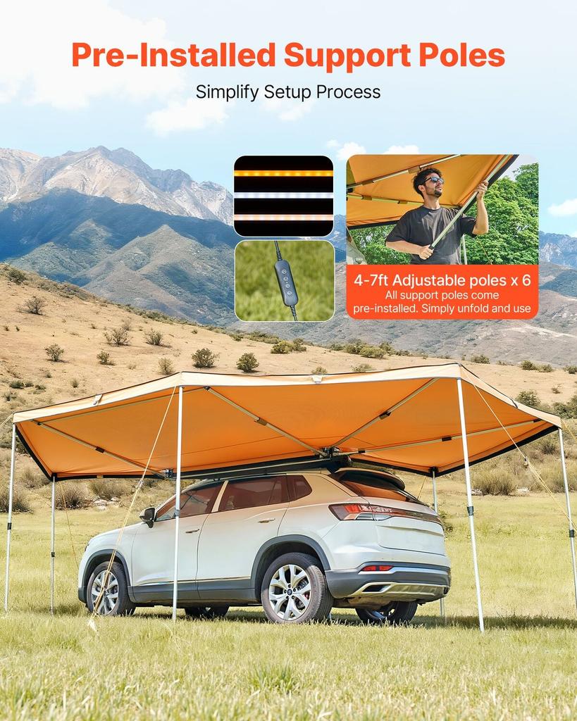 270 Degree Awning with Bulit-in LED Lights, 12.4 Driver Side Vehicle Awning, Waterproof UV50+ Car Side Awnings, All-Weather Free-Standing Overland