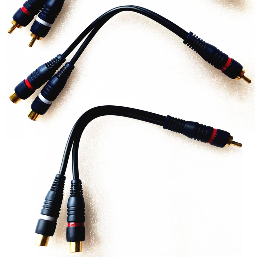 LOYELEY RCA Splitter Male to 2 Gold RCA Audio Mono to Stereo Video Splitter for Car Car Navigation Rear Cable, Female, 2-Pack, Plated, Video/Audio,