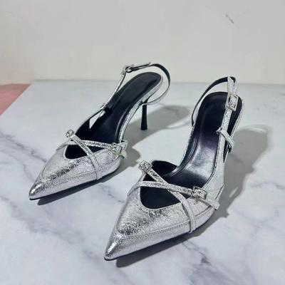 TRAF Woman Silver Buckle Slingback High Heels Sexy Pointed Shallow Mouth Leather Pumps 2024 Elegant Female Party High Heel Shoes