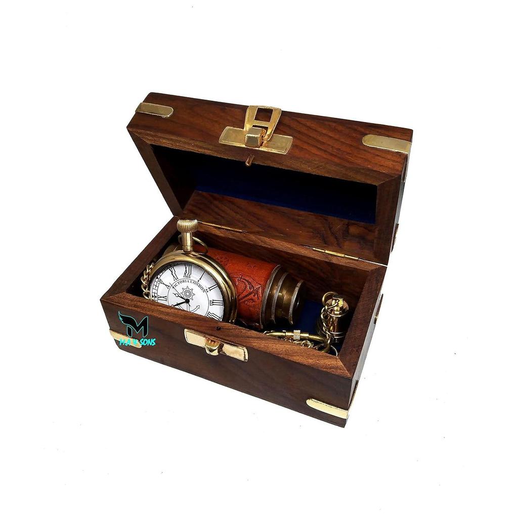 Brass Antique 6.5" Brass Telescope, | 2'' Brass Pocket Watch, | Brass Bell Key Chain