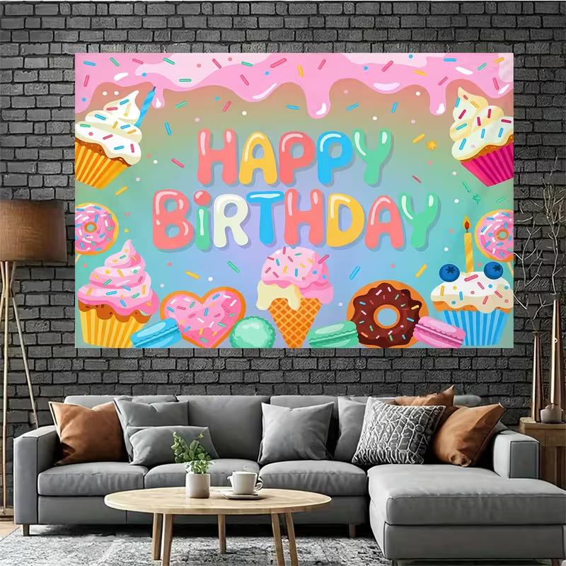2D Dessert Themed Birthday Backdrop with Cupcakes, Donuts and Ice Cream Party Banner