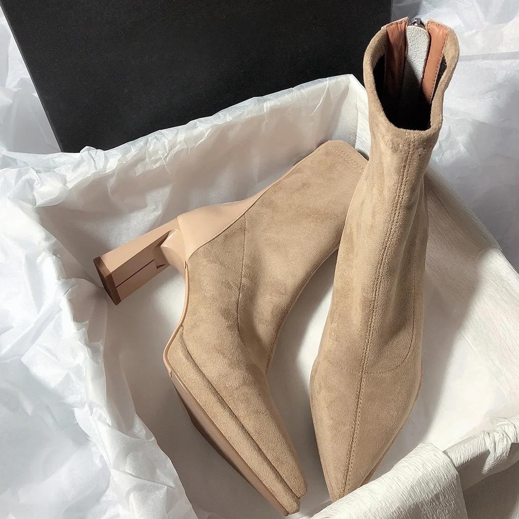 Spring and Autumn Fashion Solid Color High Heels Thin Boots Thick Heels Pointed Women's Boots Back Zipper Short Boots