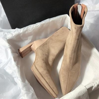 Spring and Autumn Fashion Solid Color High Heels Thin Boots Thick Heels Pointed Women's Boots Back Zipper Short Boots