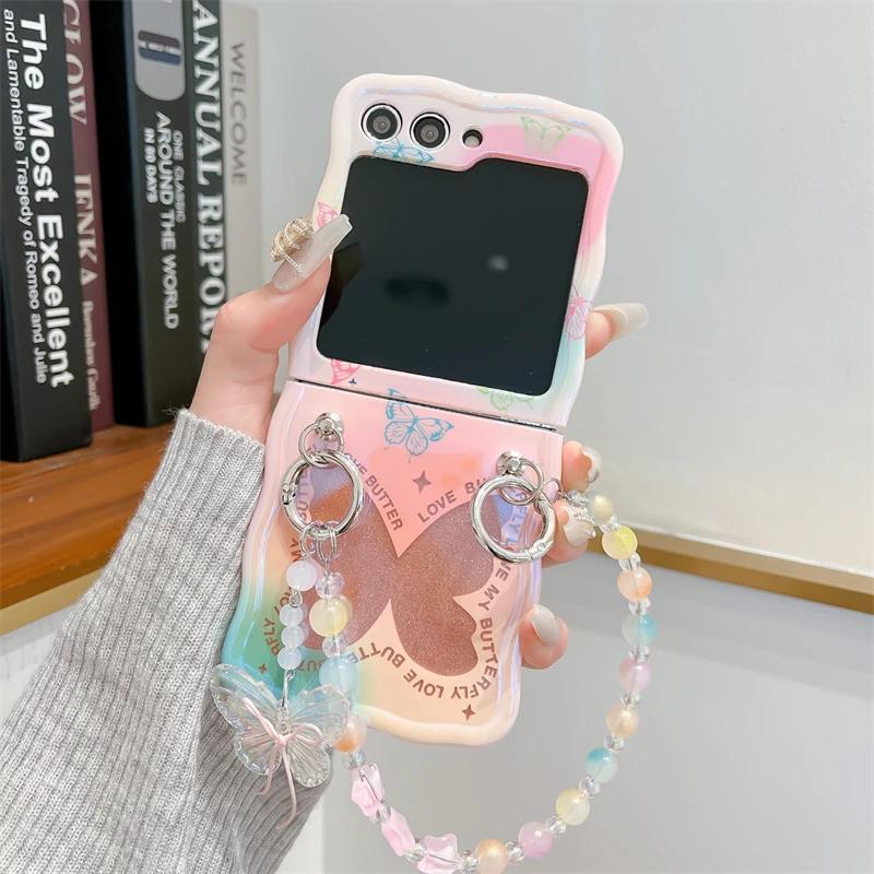 Bead Wrist Strap Phone Case for Samsung Galaxy Z Flip 5 4 3 Flip5 Flip4 Flip3 5G Colorful Bling Glitter Butterfly Pattern Cover