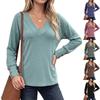 Women's Casual V-Neck Long Sleeve T-Shirt Brushed Loose Fit Tops with Button Cuffs Autumn Winter Solid Pullover