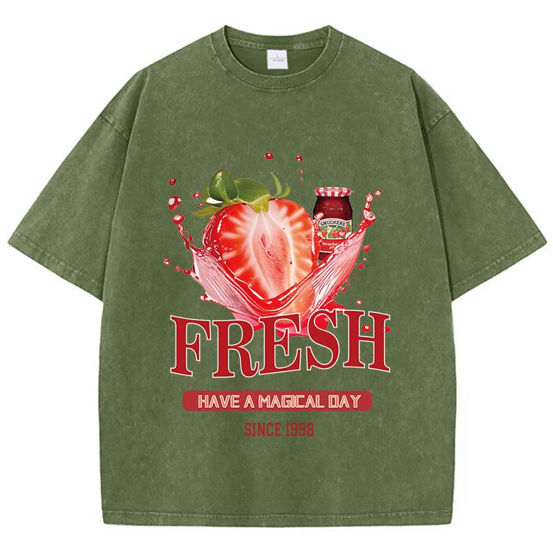 

Cotton Womens Acid Wash T-Shirts Fresh Strawberriy Printing Tees Oversize Comfortable O-Neck Short Sleeve Clothes 2XL