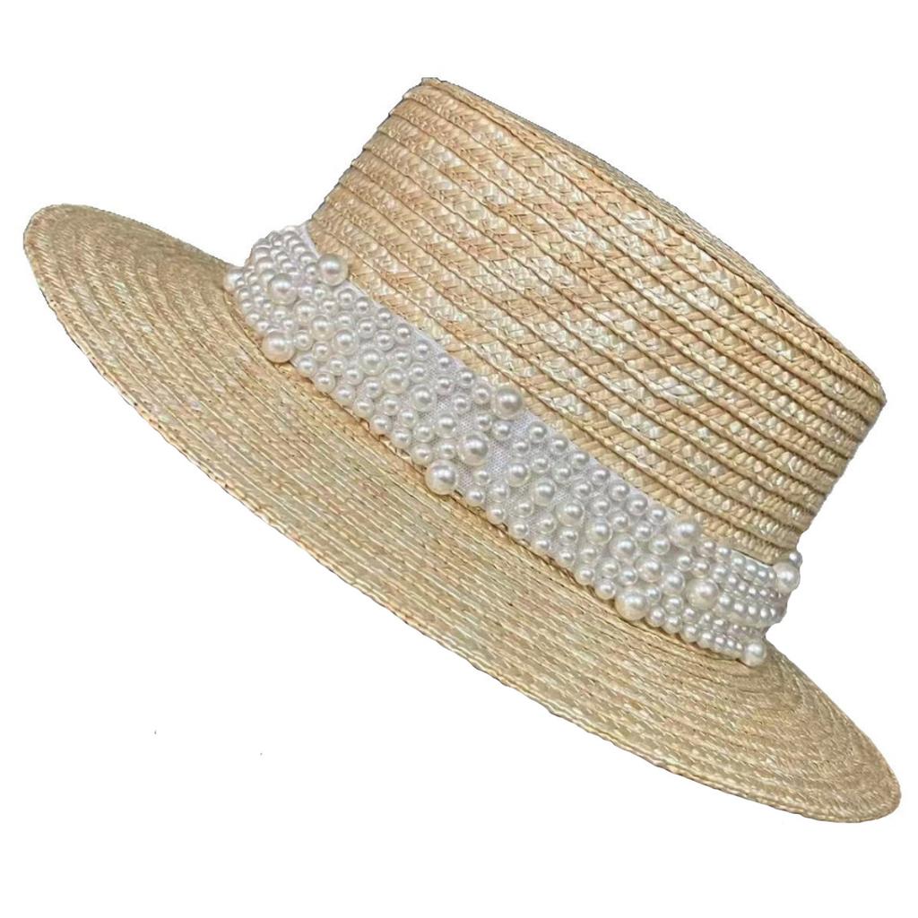 New Summer Japanese Style Pearl Straw Hat for Women - Flat Top Design, UV Protection Sun Cap Perfect for Beach Travel Vacation