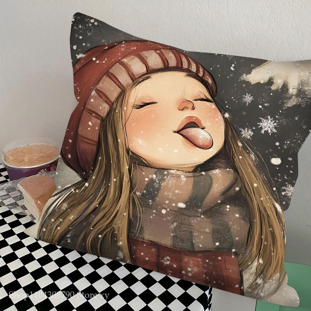 Christmas Snowflake Little Girl Pillow Case Fashion Square Pillowcase Bedroom Sofa Room Ins Decoration Leisure Cushion Cover