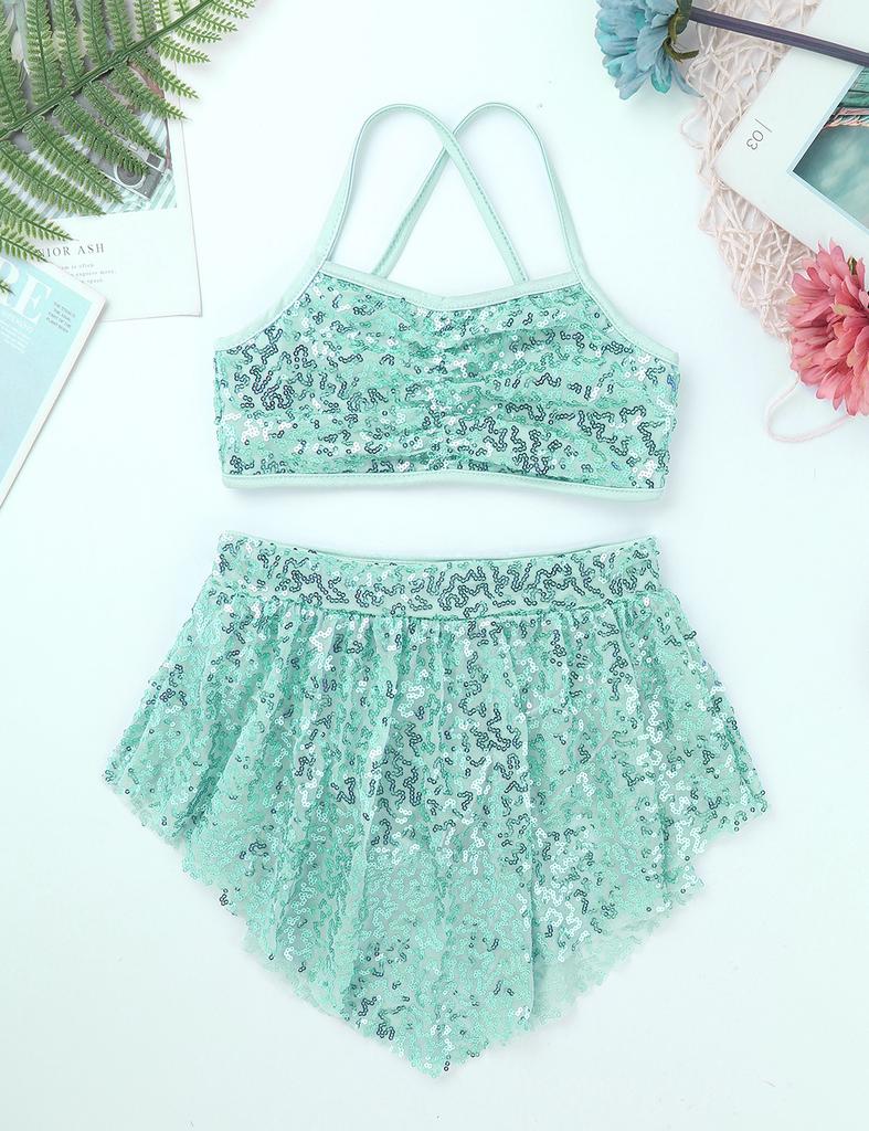 YONGHS Kids Girls Two Piece Glittery Sequins Splice Leotard with Irregular Hem Chiffon Skirts for Ballet Dance Gymnastic