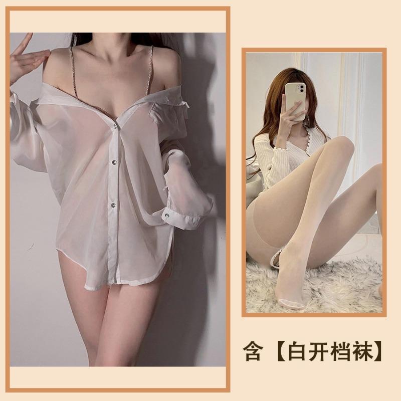 Pajamas women's summer perspective sexy private room pure desire long-sleeved boyfriend wind shirt scheming hot temptation