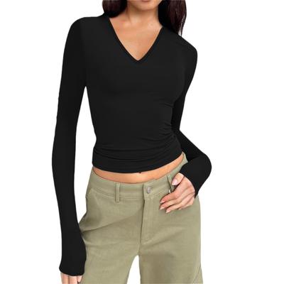Herbst und Winter Damen Bottoming Shirt V-Ausschnitt Langarm Basic Slim T-Shirt Tops