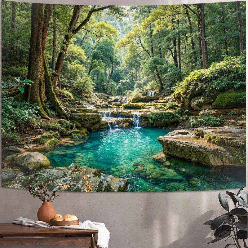 Zussun Natural Forest Tapestry Green Tree Wall Tapestry Bedroom Aesthetic Plant Stream Pool Landscape Small Tapestry Wall Hangin