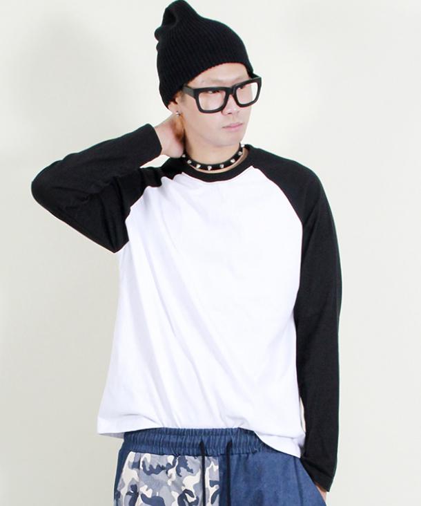 Deumakeu Raglan Color Block Solid Long Sleeve T-Shirt Black & White