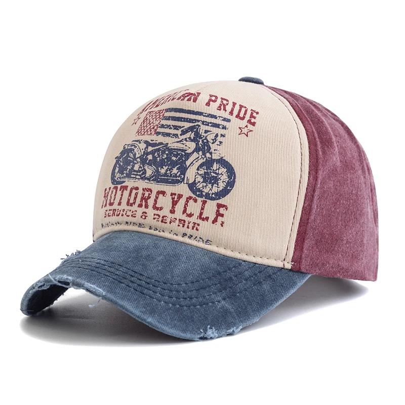 New Motorcycle Printing Baseball Cap Vintage Color Block Washed Cap Adjustable Dad Hats for Women Men