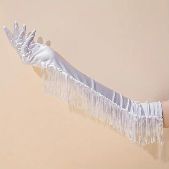 Fringed Elbow Gloves 17.7" Vintage Long Opera Pageant Gloves 1920s