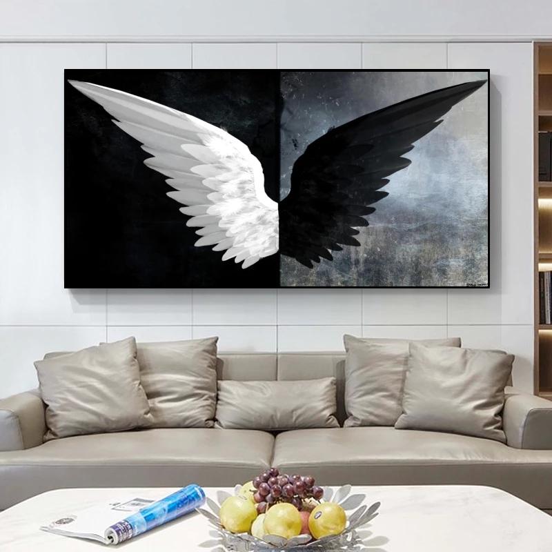 Black and White Angel Wings Canvas Art Canvas Painting Cuadros Poster Print Wall Art for Living Room Home Decor (No Frame)