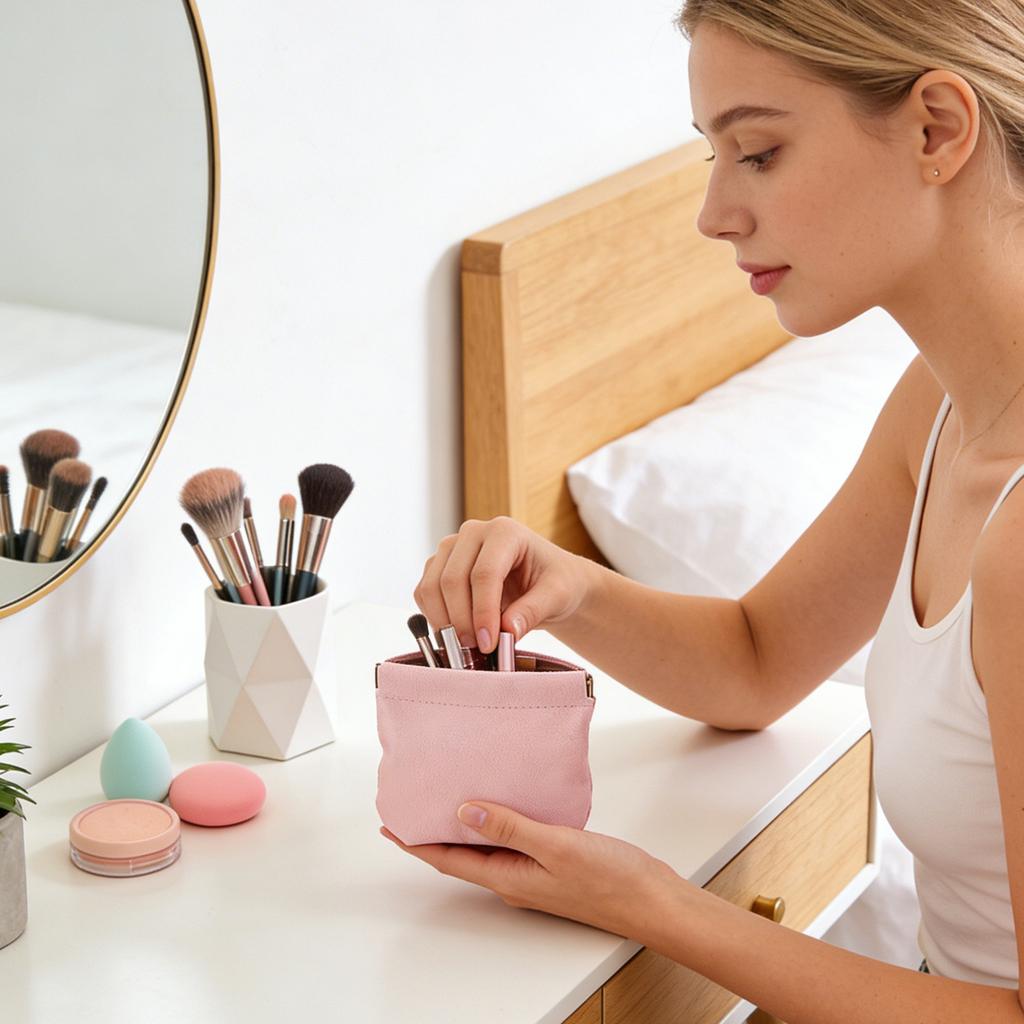 Bolsa de Cosméticos de Bolsillo, Neceser, Bolsa de Cosméticos de Bolsillo de Cuero Sin Cremallera Cierre Automático Portátil para Viaje