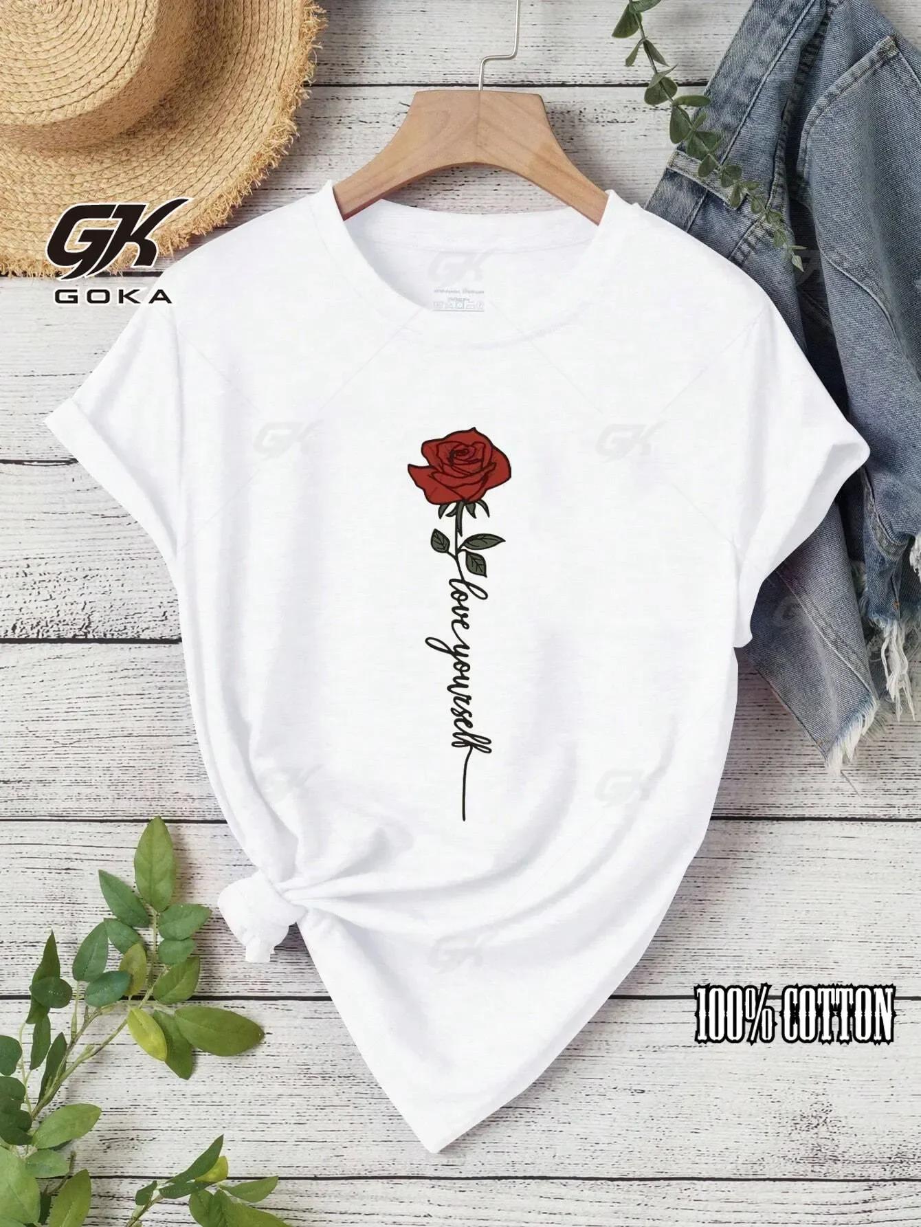 

Cotton T Shirt Summer Rose Print T-shirt Fashion Short Sleeved Clothing Women s Top Vintage Casual Street Wear Y2k Aesthetic 4XL