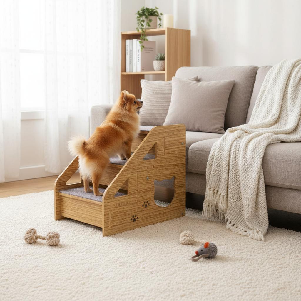 Wooden Pet Stairs Stable Design Dog Steps for Bed Cat Climbing Steps Anti-Slip Surface Three-Tier Wooden Pet Stairs for Sofa