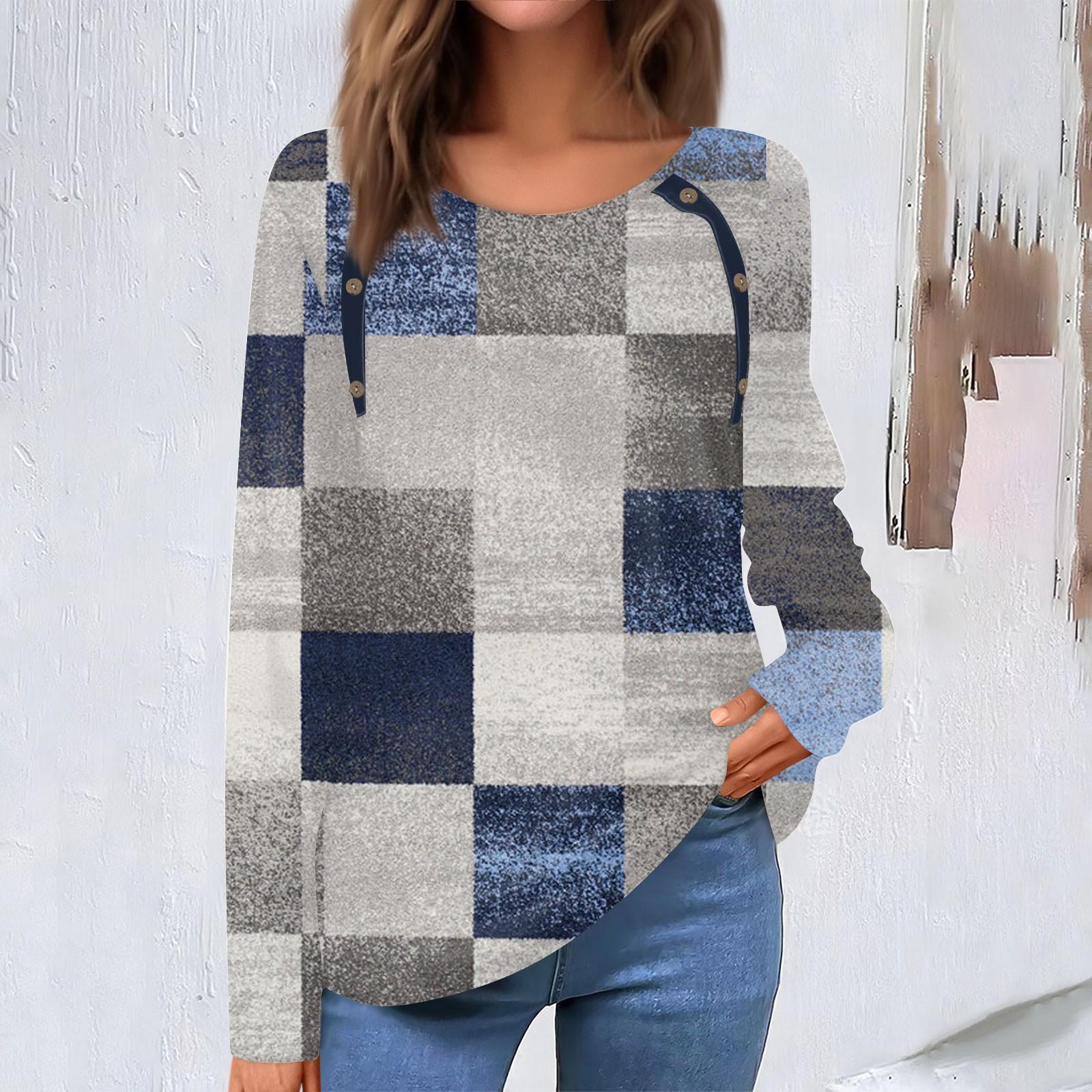 

Women s Fashion Casual Round Neck Long Sleeve Print Button Decorated T-Shirt Top M