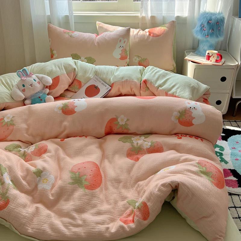 Cute Strawberry And Rabbit Duvet Cover Set Washed Cotton Linen Feel Super Soft Comfortable Chic 4Pcs Home Decor Bedding Set