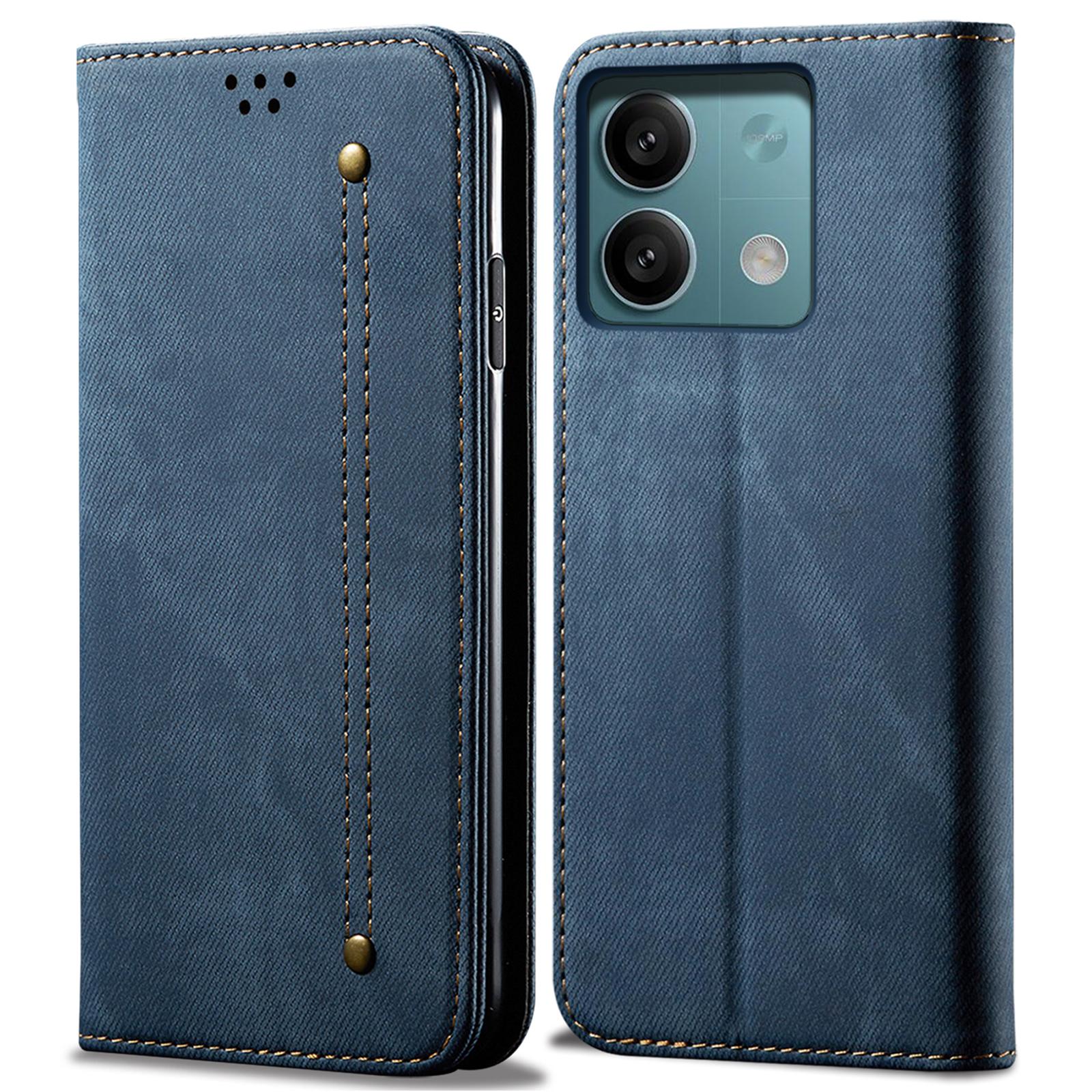 

For Xiaomi Redmi Note 13 4G Leather Wallet Case Jeans Cloth Texture TPU Shockproof Shell Blue