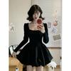 Hepburn Premium Square Neck Black Long Sleeve Dress Autumn Waist Skinny Temperament Small Black Dress Fluffy Dress