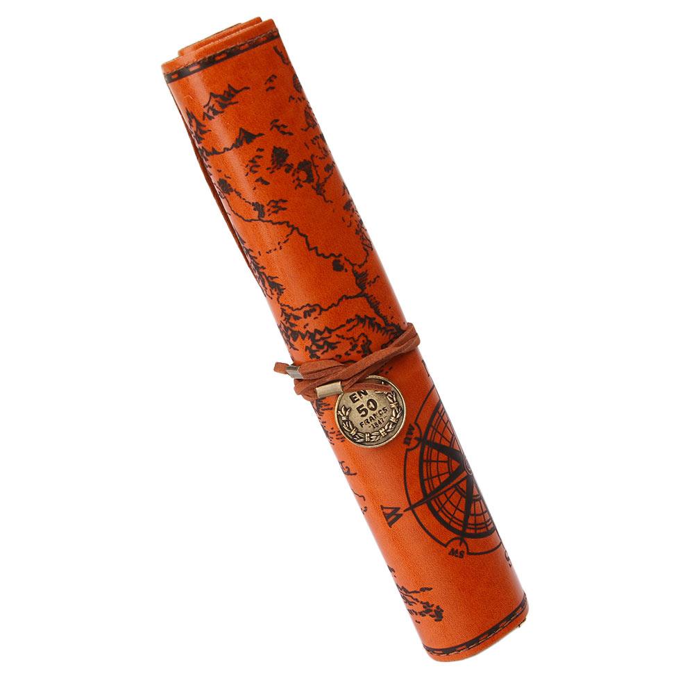 Fashion Luxury Treasure Map Roll Retro Cosmetic Make Up PU Bag Case Bag Purse Pouch Pen Pencil Case for School Leather