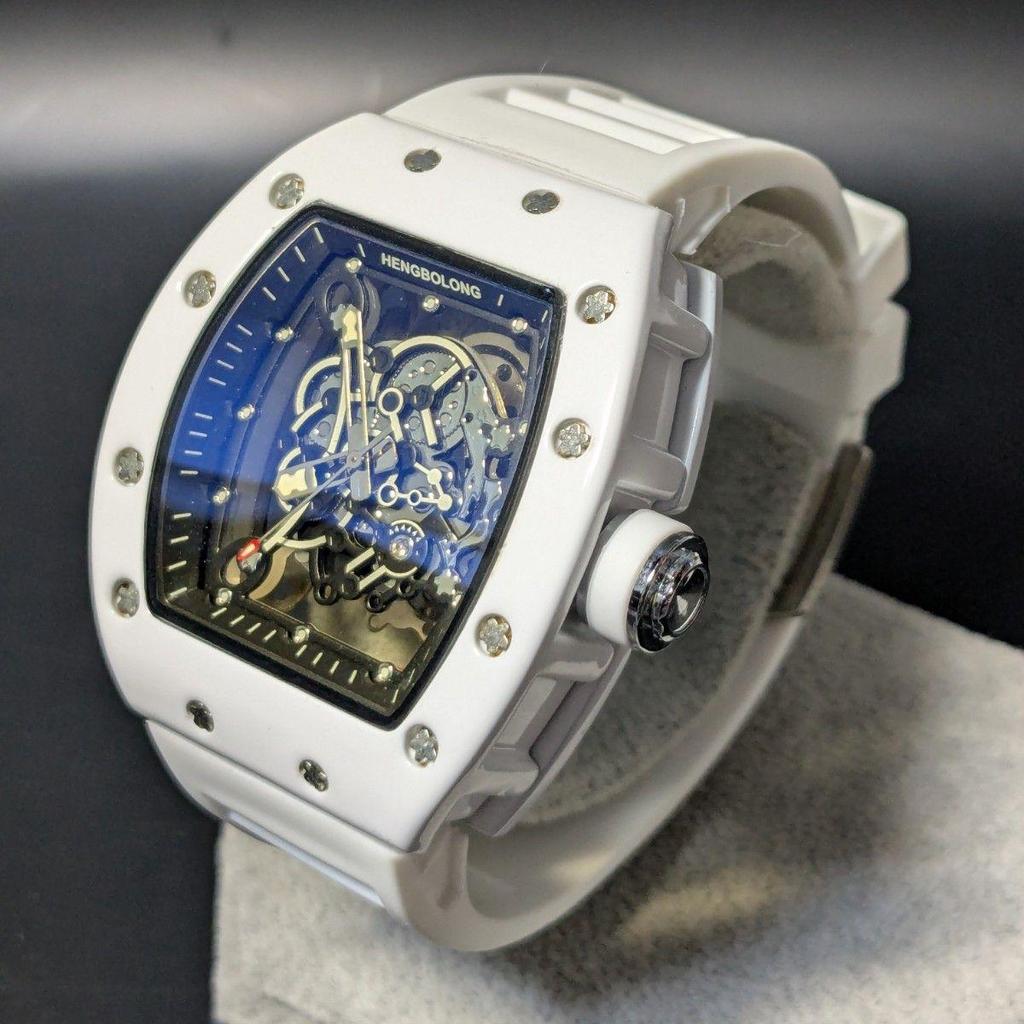 Used New Watch Richard Mille Type Quartz Homage Watch Rubber Tonneau White Skeleton