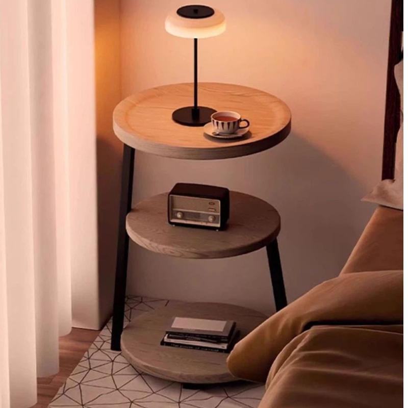 Bedside Cabinet for Home Use, Small Antique Creative Small Round Table Three Story Bedroom Bedside Storage Rack