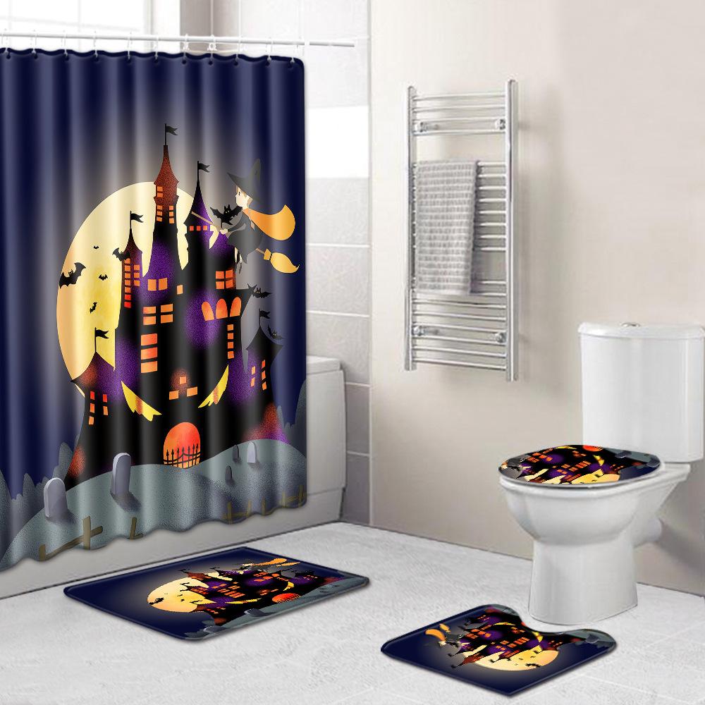 Halloween Shower Curtain Floor Mat Combination Four-Piece Set Bathroom Toilet Carpet Shower Room Foot Mat