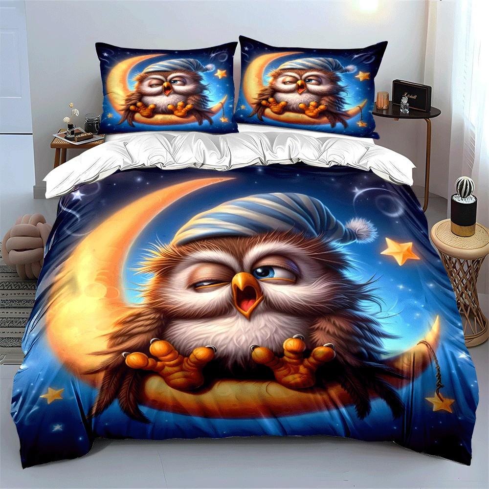 Sleepy Owl Moonlight Night Set Exquisite Three-Piece Bedding Set Gift For Kids And Adults
