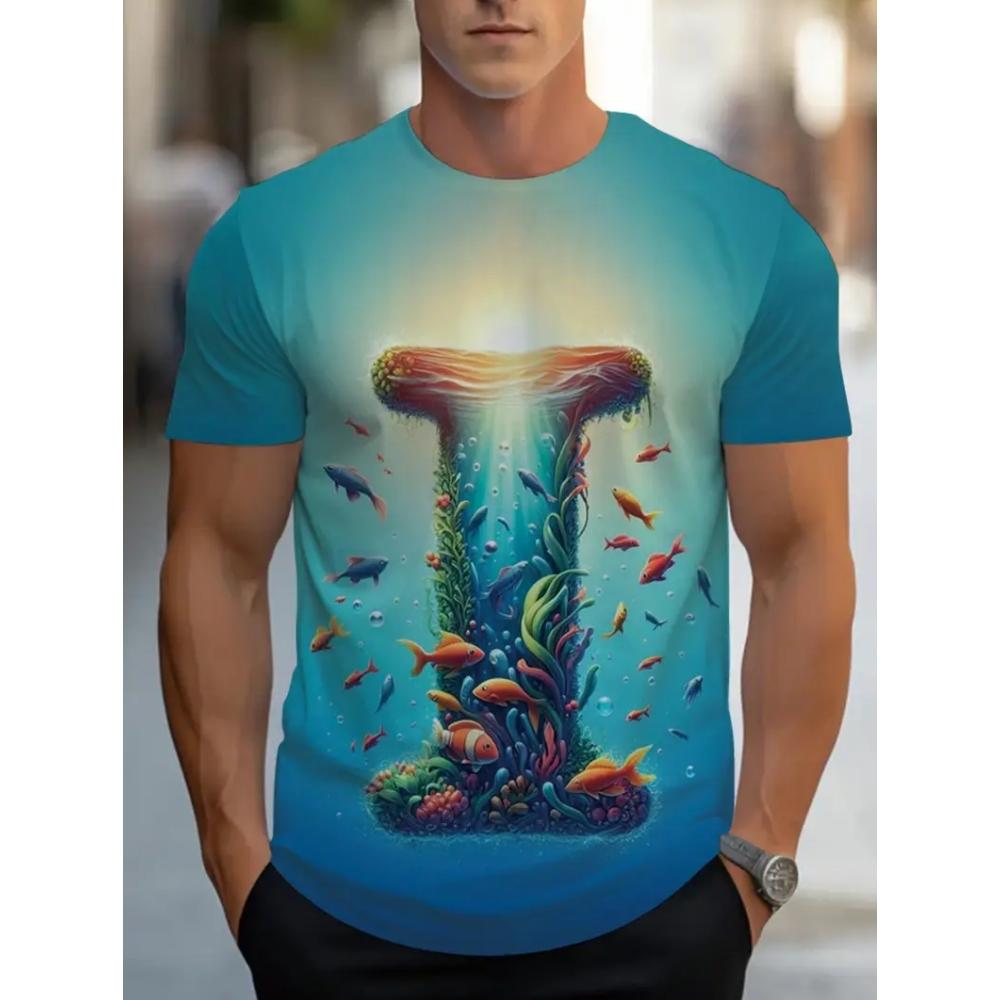 Underwater World Men's T-Shirt Realistic Sea Creatures 3D Print Short Sleeve Fashion Casual Travel Men's Loose O-Neck Breathable T-Shirts