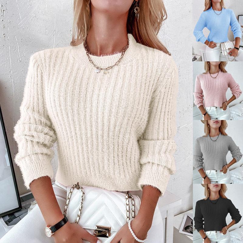 

Women s Fashion Casual Round Neck Long Sleeve Sweater Ladies Autumn Winter Plush Sweater Tops Solid Soft Knitted Sweater Tops S