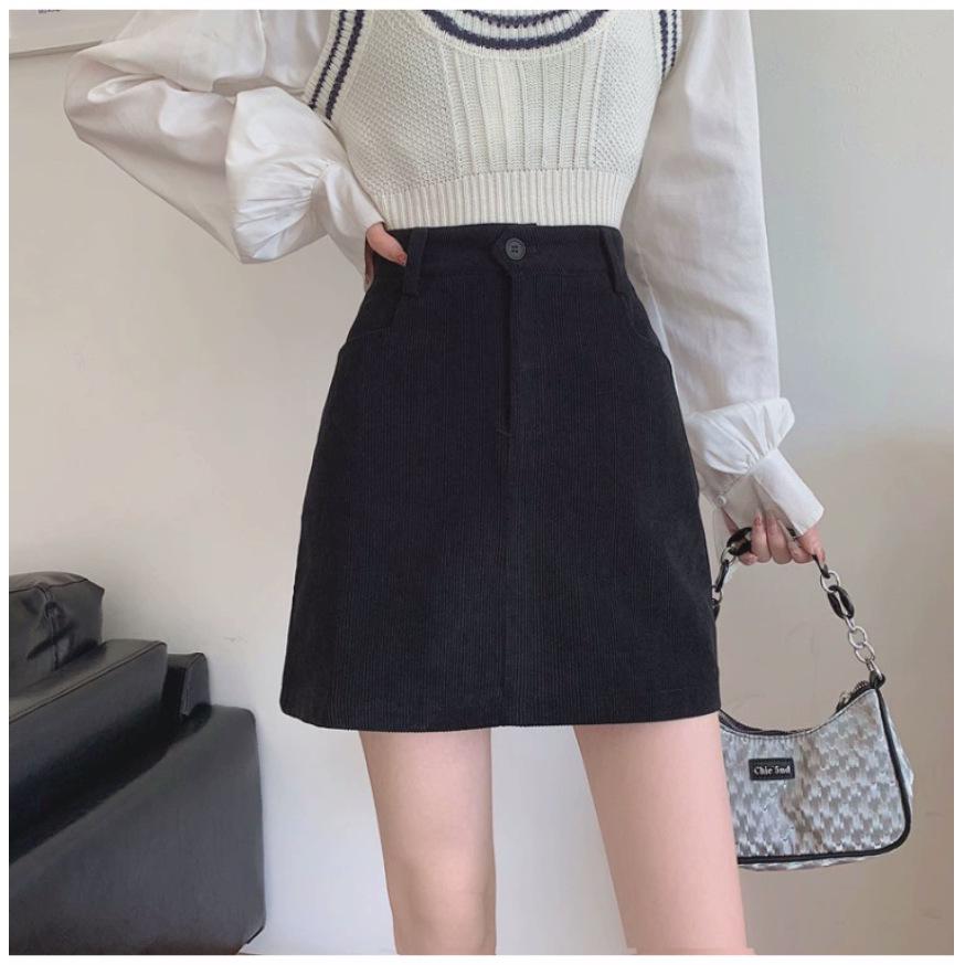 

Khaki Corduroy A-Line Skirt: Vintage High Waist, Petite & Plus Sizes for Autumn/Winter S for 45-50 kg