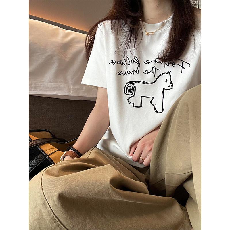 MISSMARM Korean pony flocking printing super soft double-sided cotton short-sleeved T-shirt women's summer versatile top