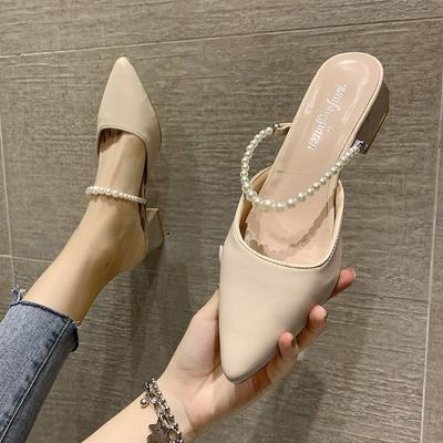 Baotou Half Slippers Summer New Outer Wear with Skirt Beige Pointed Pearl Stiletto Sandals
