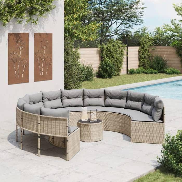 VidaXL Canapé de jardin avec table coussins rond beige résine tressée, canapé d’extérieur, canapé de forme ronde, canapé de 3318546