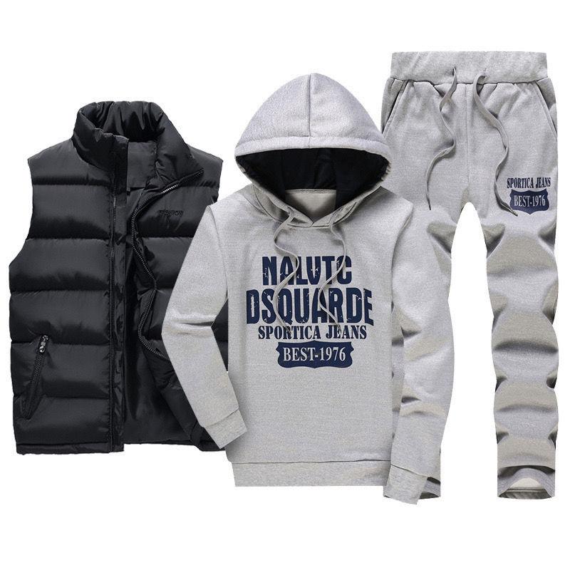 

Autumn and Winter Men s Hooded Printed Sweater Thickened Three-piece Down Cotton Vest Large Size Casual Suit S