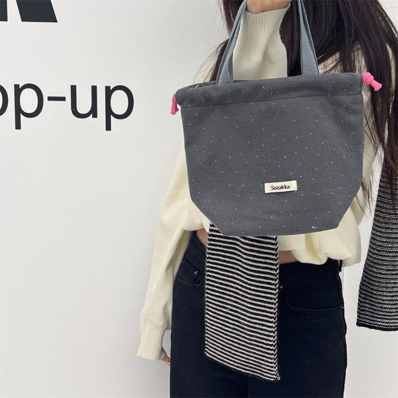 Woolen small polka dot drawstring bundle mouth bag portable small bag going out shopping sundries portable bento bag