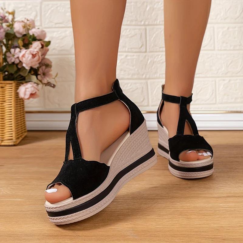 Mode Damen Keilabsatz Plateau Sandalen 2024 Sommer Peep Toe High Heel Römersandalen Frau T-Riemen Dicke Sohle Sandalias Mujer Übergröße