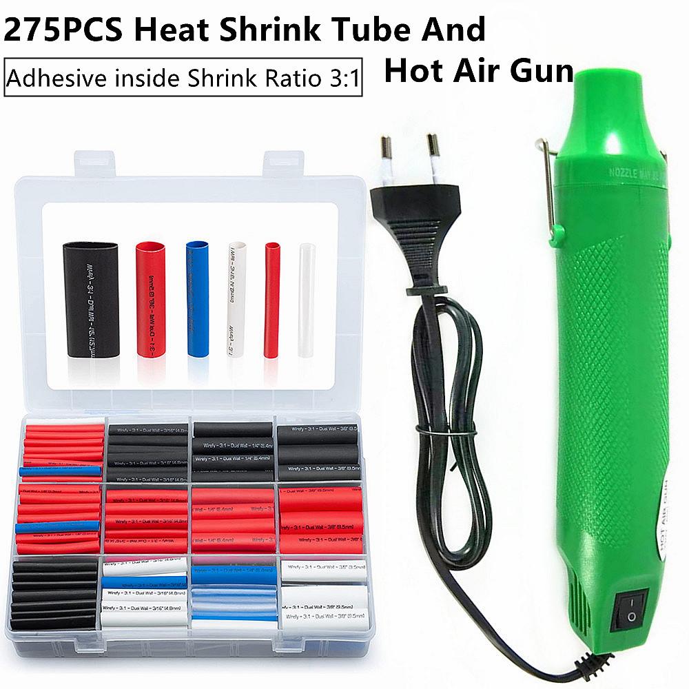 

275 шт., комплект водонепроницаемых термоусадочных трубок с клейкой подкладкой, электрический терминал, проводной кабель, морской разъем с пистолетом горячего воздуха
