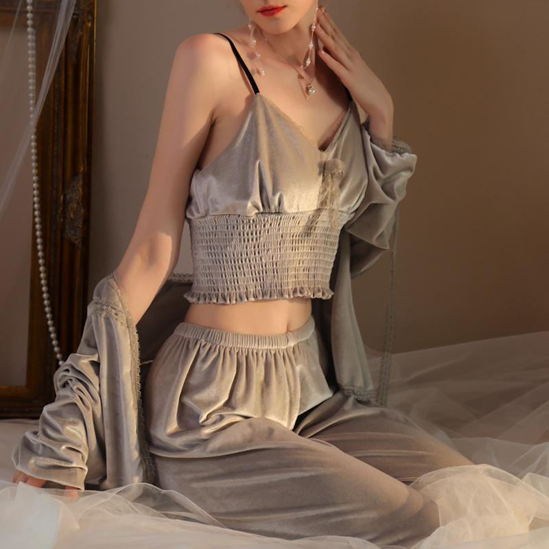 

Женская сексуальная пижама из бархата, брюки на подтяжках, халат из трех частей, свободная повседневная домашняя одежда, осенне-зимняя велюровая теплая ночная рубашка XL серый