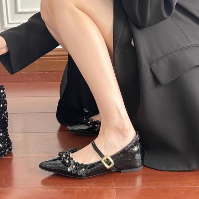 Mode Blume Kristall Damen Schuhe mit Absatz Luxus Mittelhohe Absätze Spitzzehen Schnallensandalen 2025 Sommer Designer Pumps Flache Zapatos Mujer