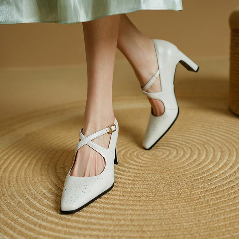 Fashion NEW Spring/Autumn Women Pumps Square Toe High Heel Shoes Genuine Leather Shoes for Women Concise Cross-tie Buckle Strap Shoes