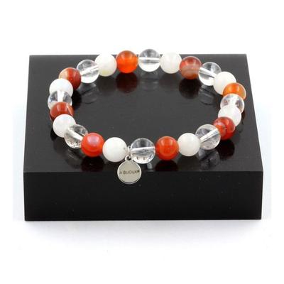 Steine ​​und Mineralien. Armband Perlen Quarz + Mondstein + Bandachat 8 mm. Hergestellt in Frankreich.