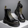 Couple short boots autumn and winter fashion black lace-up platform shoes soft leather casual Martin boots