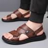 Men Brown Flats Slippers Summer Grey Wide Head Sandals Retro Black Leather Beach Shoes Plus Size