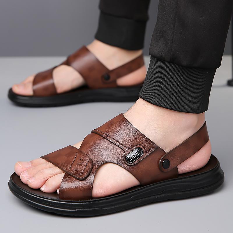 Men Brown Flats Slippers Summer Grey Wide Head Sandals Retro Black Leather Beach Shoes Plus Size